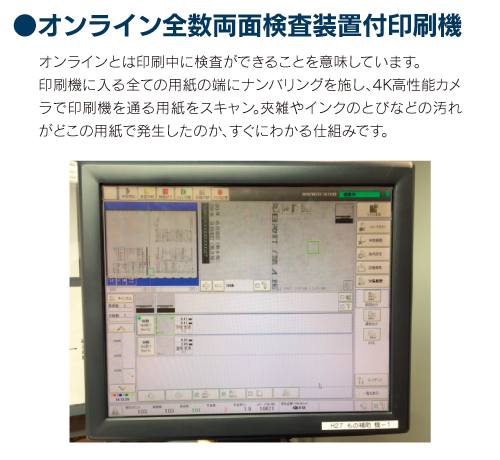 オンライン全数両面検査装置付印刷機 オンラインとは印刷中に検査ができることを意味しています。印刷機に入る全ての用紙の端にナンバリングを施し、4K高性能カメラで印刷機を透用紙をスキャン。夾雑やインクのとびなどの汚れがどこの用紙で発生したのか、すぐにわかる仕組みです。